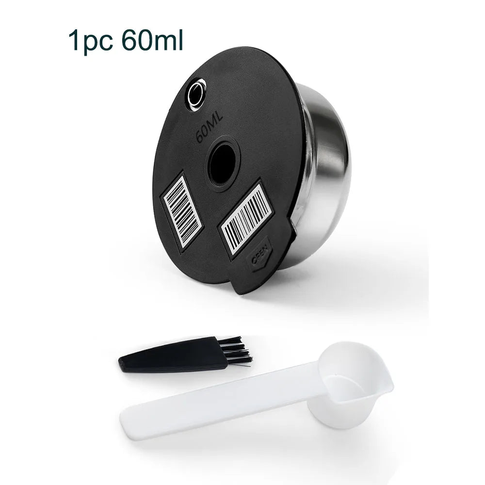 Stainless Steel Reusable Tassimo Pods with 4 Black Silicone Lid Tamper