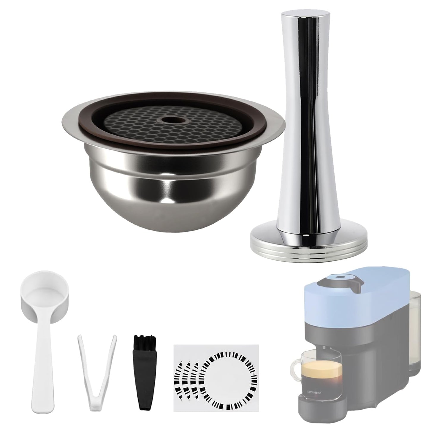 Stainless Steel Reusable Coffee Pods for Nespr*sso V-rtuo - Refillable Capsules Compatible with V-rtuoline PLUS GCA1 and NEXT POP ENV135 Series With 1 Silicone Lid and Tamper (230ML+Tamper)