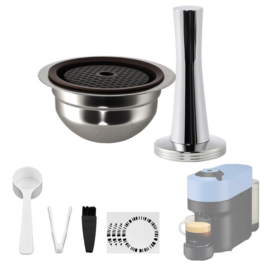 Stainless Steel Reusable Coffee Pods for Nespr*sso V-rtuo - Refillable Capsules Compatible with V-rtuoline PLUS GCA1 and NEXT POP ENV135 Series With 1 Silicone Lid and Tamper (230ML+Tamper)