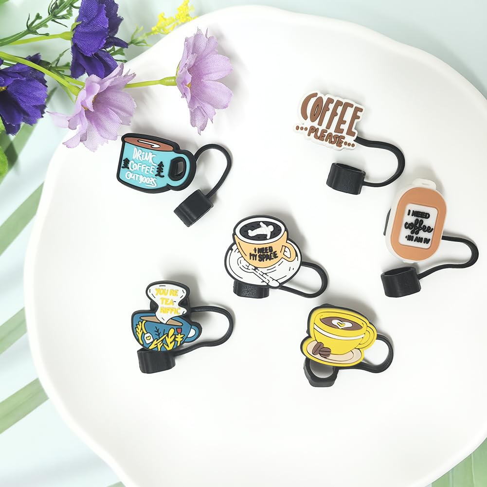 0.4 inch/10mm Silicone Straw Cap for Stanley Cup,Straw Covers,Cute Coffee Straw Toppers for 20&30&40 Oz Glass (Coffee A-6PCS)