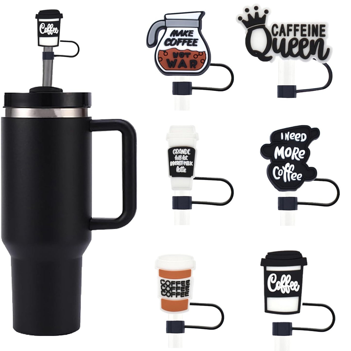0.4 inch/10mm Silicone Straw Cap for Stanley Cup,Straw Covers,Cute Coffee Straw Toppers for 20&30&40 Oz Glass (Coffee A-6PCS)