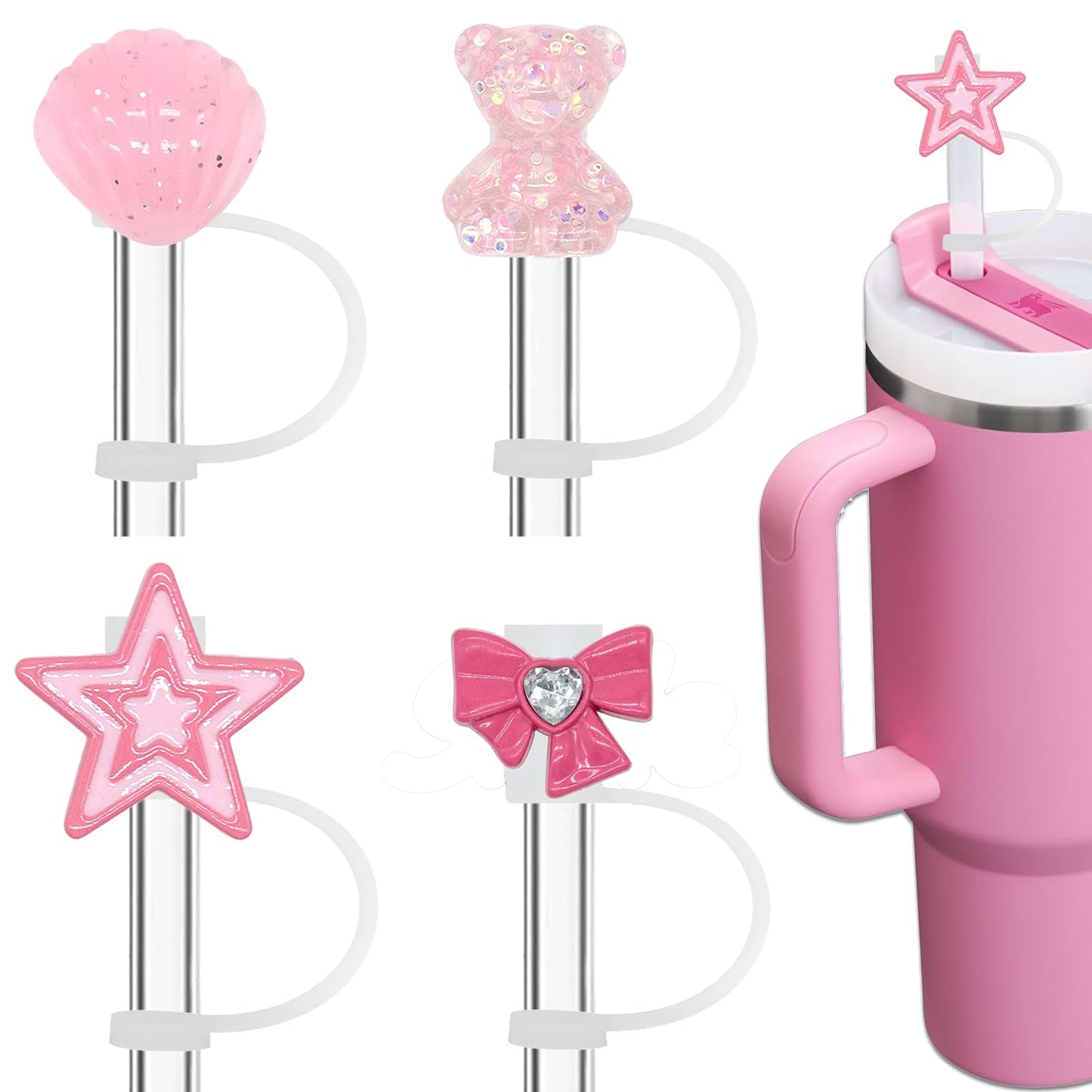 Bling Diamond Straw Cover for Stanley Cup Accessories - Silicone Straw Toppers with Silver Rhinestone fit 9-12mm Straws