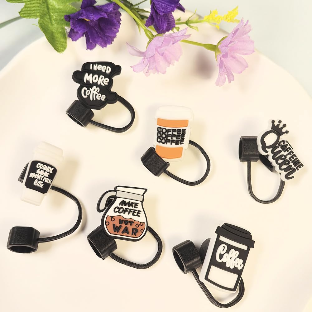 0.4 inch/10mm Silicone Straw Cap for Stanley Cup,Straw Covers,Cute Coffee Straw Toppers for 20&30&40 Oz Glass (Coffee A-6PCS)