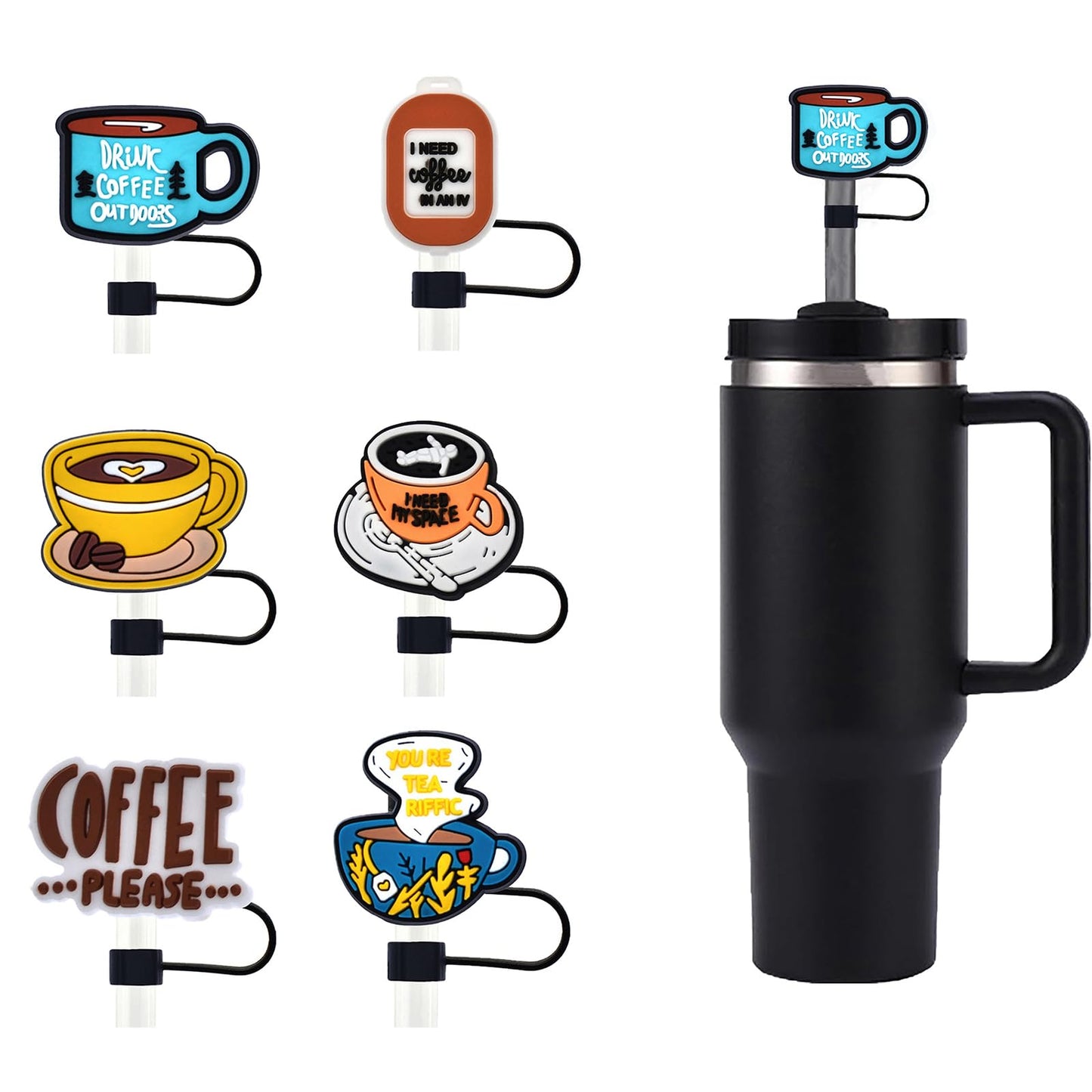 0.4 inch/10mm Silicone Straw Cap for Stanley Cup,Straw Covers,Cute Coffee Straw Toppers for 20&30&40 Oz Glass (Coffee A-6PCS)