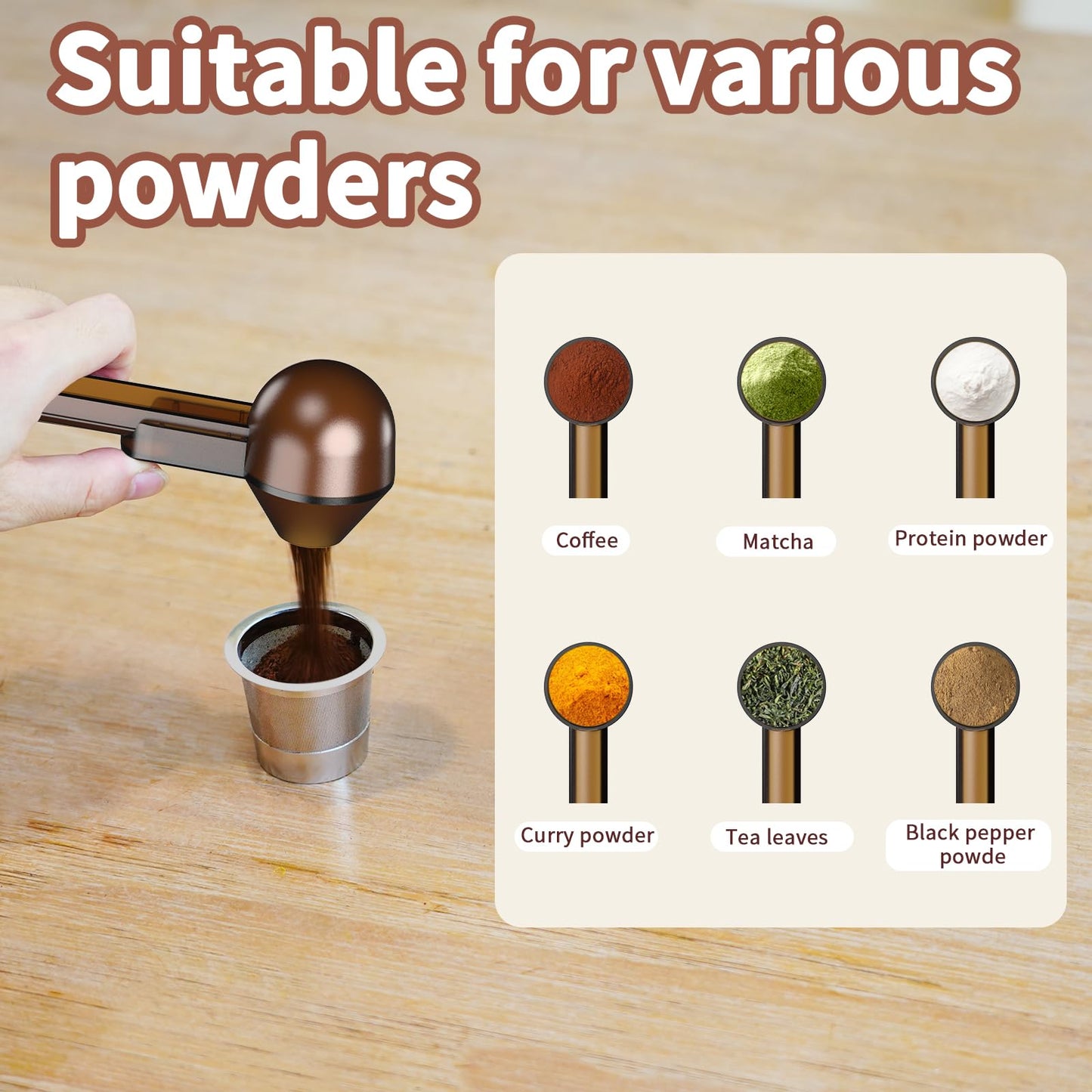 Coffee Scoop with Funnel for Ground Coffee, Protein Powder & Tea, for Reusable K Cup Refiller, 2TBSP Mess-Free, Funnel Design Prevents Spills (Black, 1-Pack)