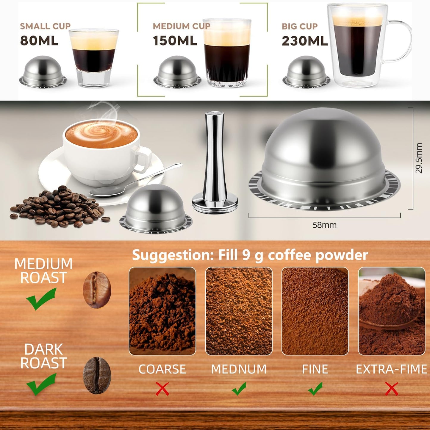 Stainless Steel Reusable Coffee Pods for Nespr*sso V-rtuo - Refillable Capsules Compatible with V-rtuoline PLUS GCA1 and NEXT POP ENV135 Series With 1 Silicone Lid and Tamper (230ML+Tamper)