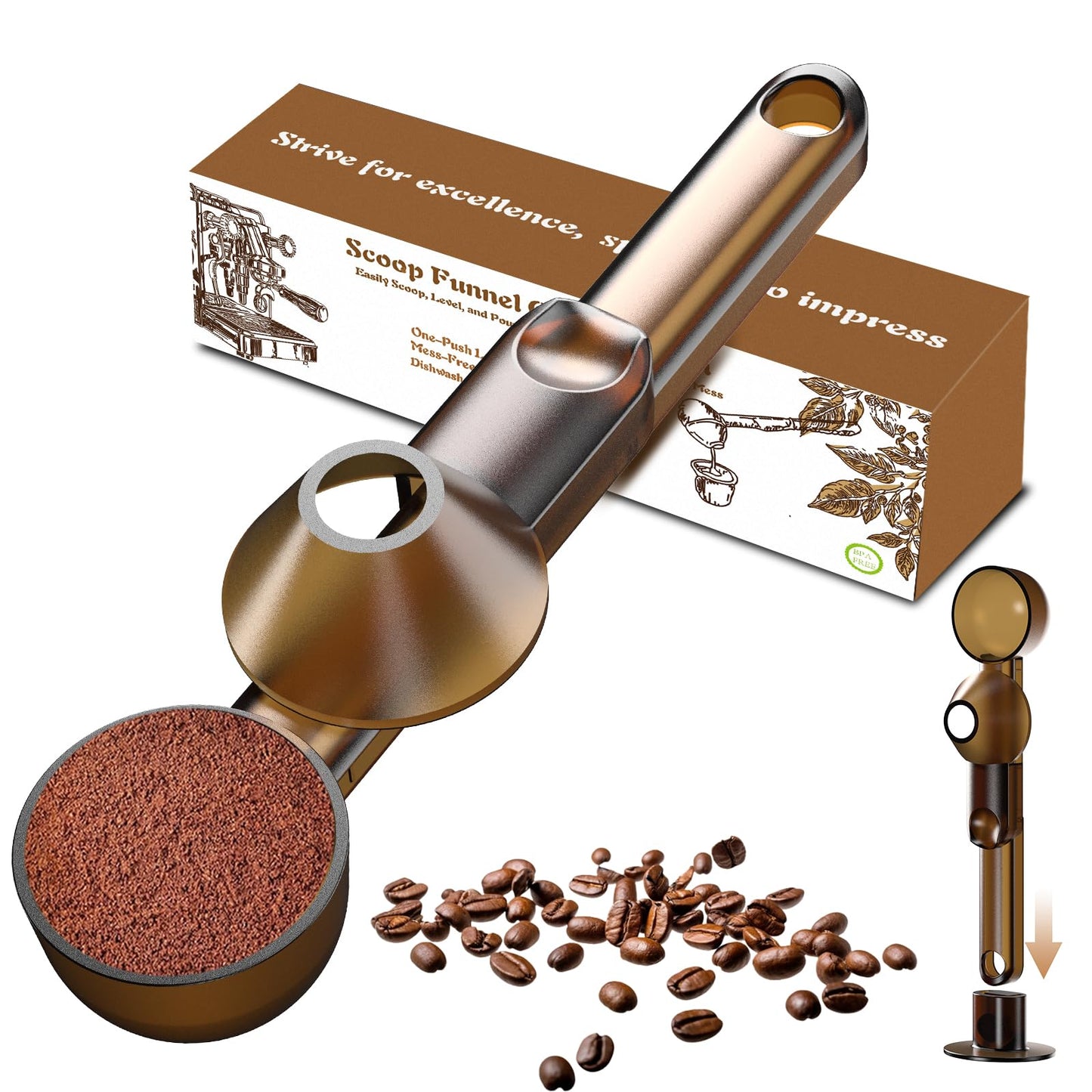 Coffee Scoop with Funnel for Ground Coffee, Protein Powder & Tea, for Reusable K Cup Refiller, 2TBSP Mess-Free, Funnel Design Prevents Spills (Black, 1-Pack)