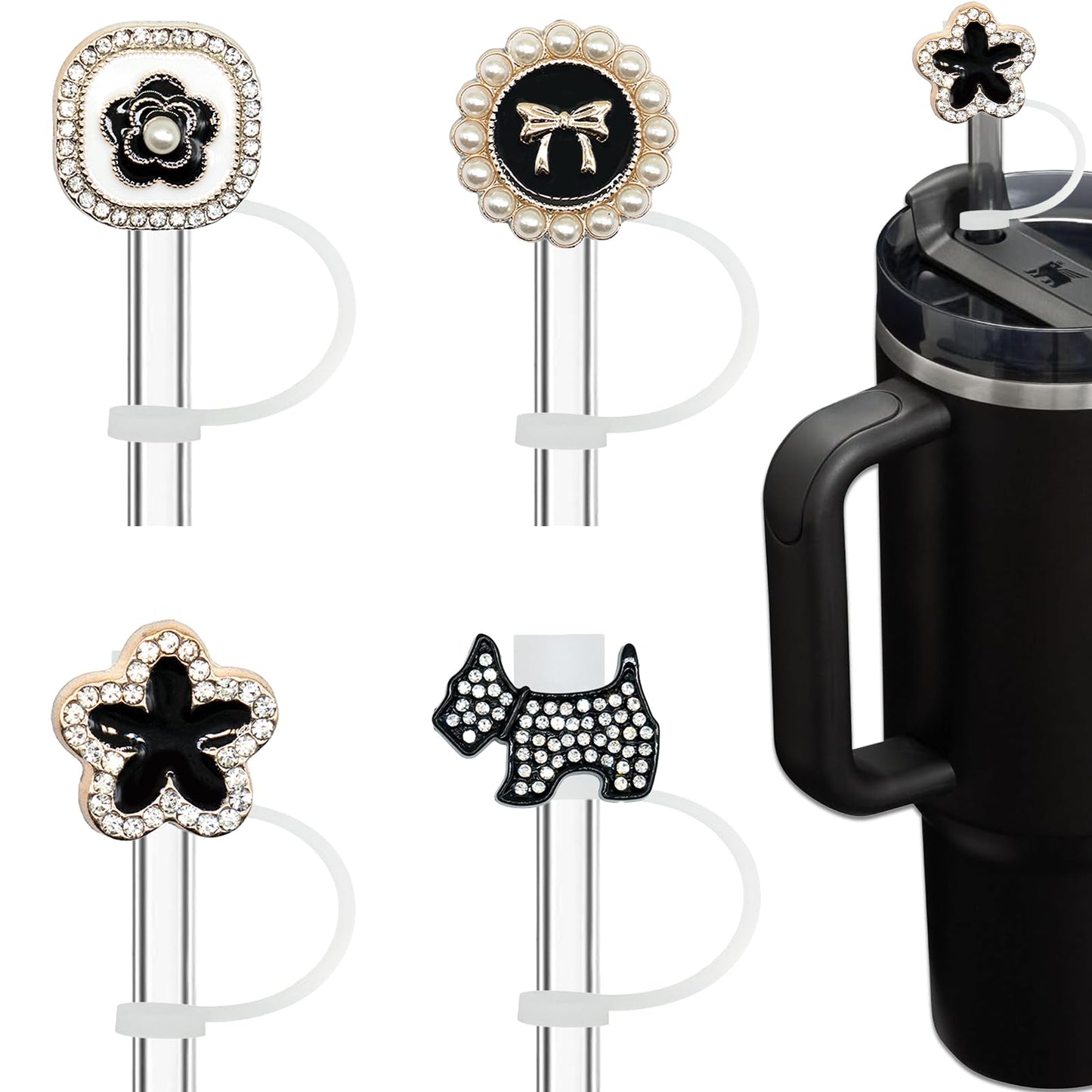 Bling Diamond Straw Cover for Stanley Cup Accessories - Silicone Straw Toppers with Silver Rhinestone fit 9-12mm Straws