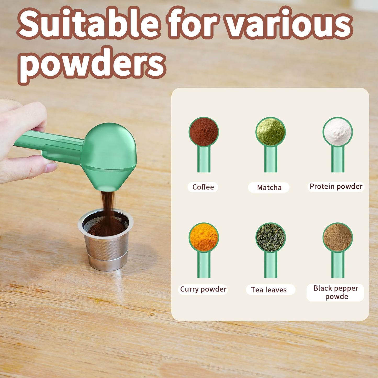 Coffee Scoop with Funnel for Ground Coffee, Protein Powder & Tea, for Reusable K Cup Refiller, 2TBSP Mess-Free, Funnel Design Prevents Spills (Black, 1-Pack)