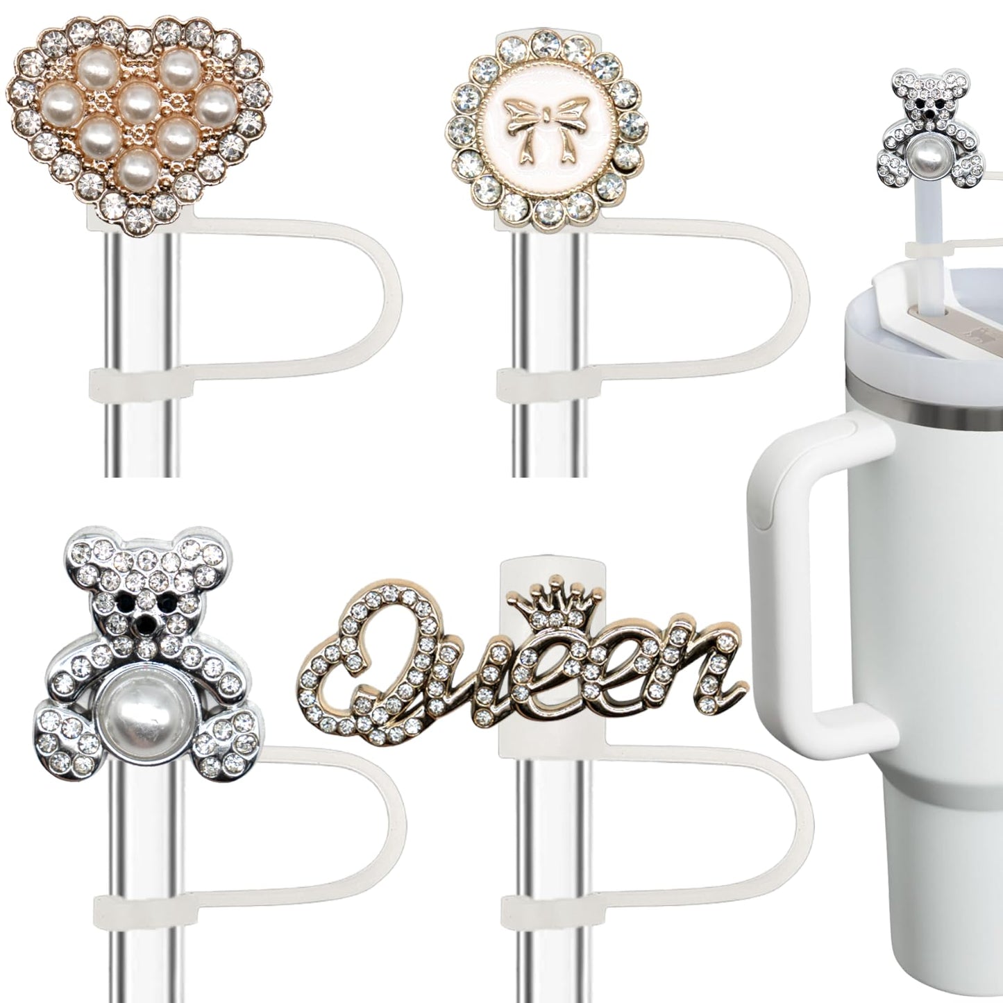 Bling Diamond Straw Cover for Stanley Cup Accessories - Silicone Straw Toppers with Silver Rhinestone fit 9-12mm Straws