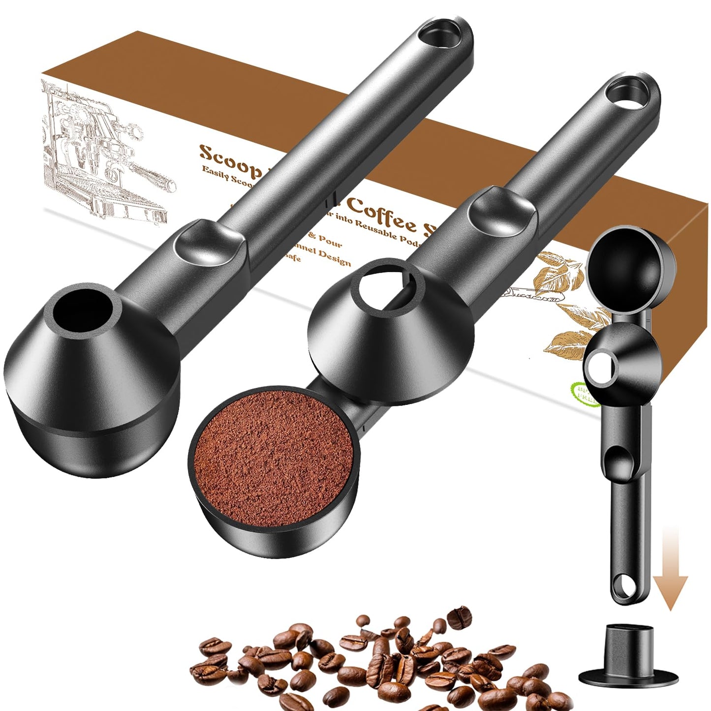 Coffee Scoop with Funnel for Ground Coffee, Protein Powder & Tea, for Reusable K Cup Refiller, 2TBSP Mess-Free, Funnel Design Prevents Spills (Black, 1-Pack)