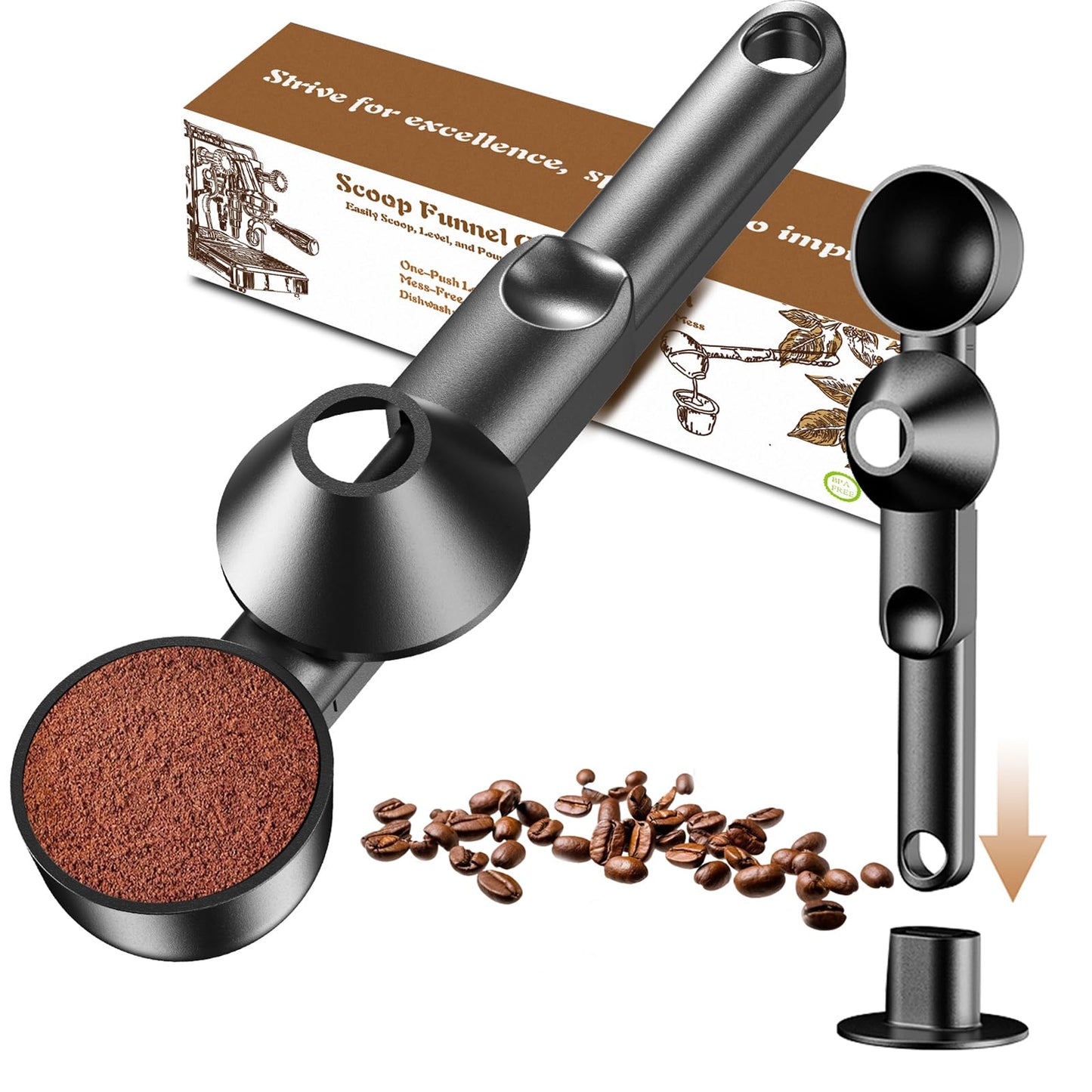 Coffee Scoop with Funnel for Ground Coffee, Protein Powder & Tea, for Reusable K Cup Refiller, 2TBSP Mess-Free, Funnel Design Prevents Spills (Black, 1-Pack)