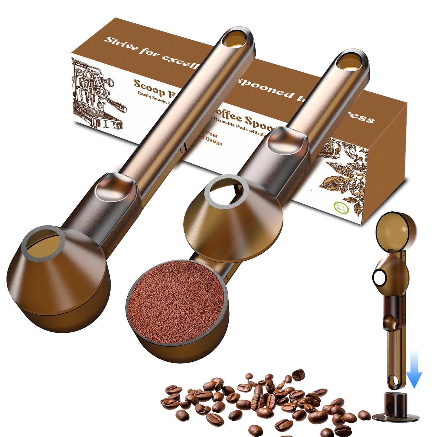 Coffee Scoop with Funnel for Ground Coffee, Protein Powder & Tea, for Reusable K Cup Refiller, 2TBSP Mess-Free, Funnel Design Prevents Spills (Black, 1-Pack)