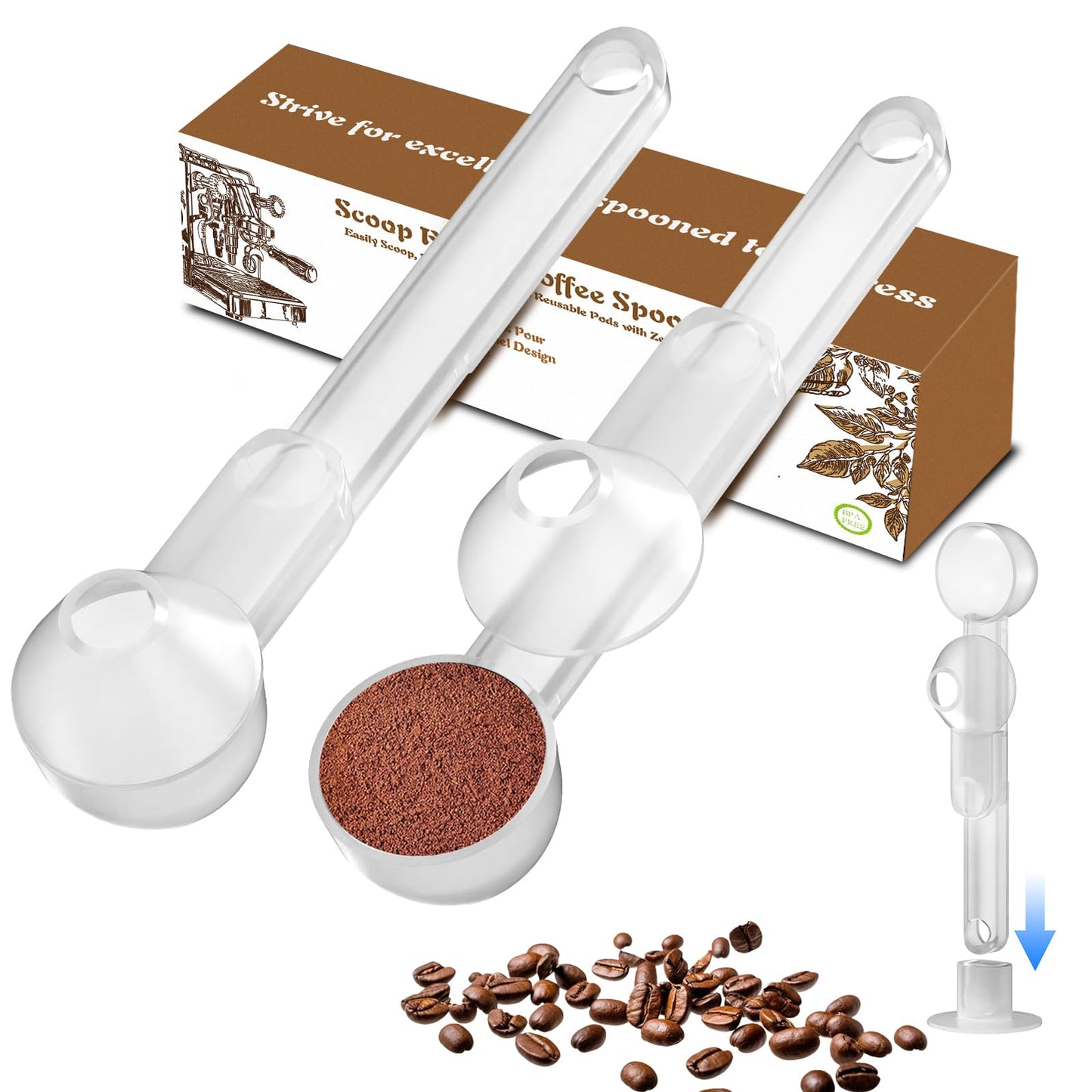 Coffee Scoop with Funnel for Ground Coffee, Protein Powder & Tea, for Reusable K Cup Refiller, 2TBSP Mess-Free, Funnel Design Prevents Spills (Black, 1-Pack)