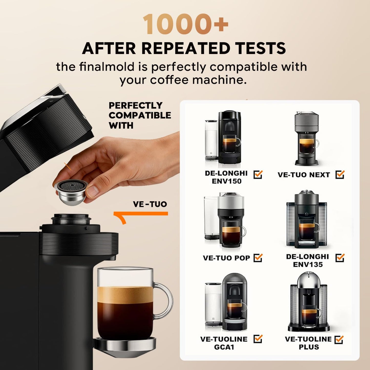 Stainless Steel Reusable Coffee Pods for Nespr*sso V-rtuo - Refillable Capsules Compatible with V-rtuoline PLUS GCA1 and NEXT POP ENV135 Series With 1 Silicone Lid and Tamper (230ML+Tamper)