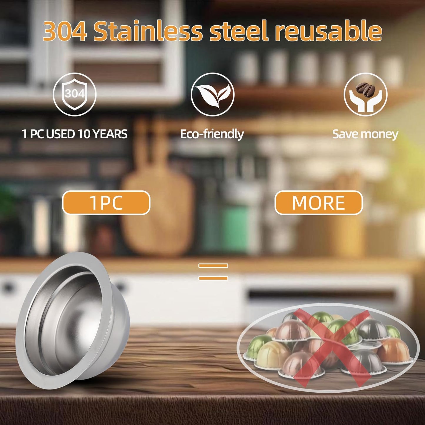 Stainless Steel Reusable Coffee Pods for Nespr*sso V-rtuo - Refillable Capsules Compatible with V-rtuoline PLUS GCA1 and NEXT POP ENV135 Series With 1 Silicone Lid and Tamper (230ML+Tamper)