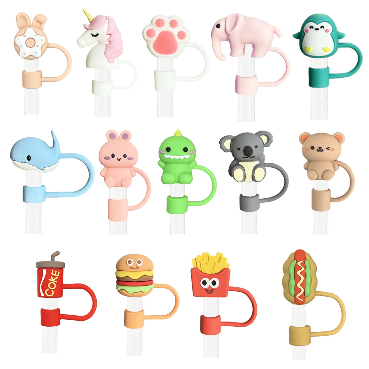 14Pcs Tumbler Straw Covers with Storage Case,10mm 0.4 in Cute Animals Reusable Straw Toppers for 30&40 oz Stanley Cup Accessories,Food Silicone Straws Cover(14 Pcs)