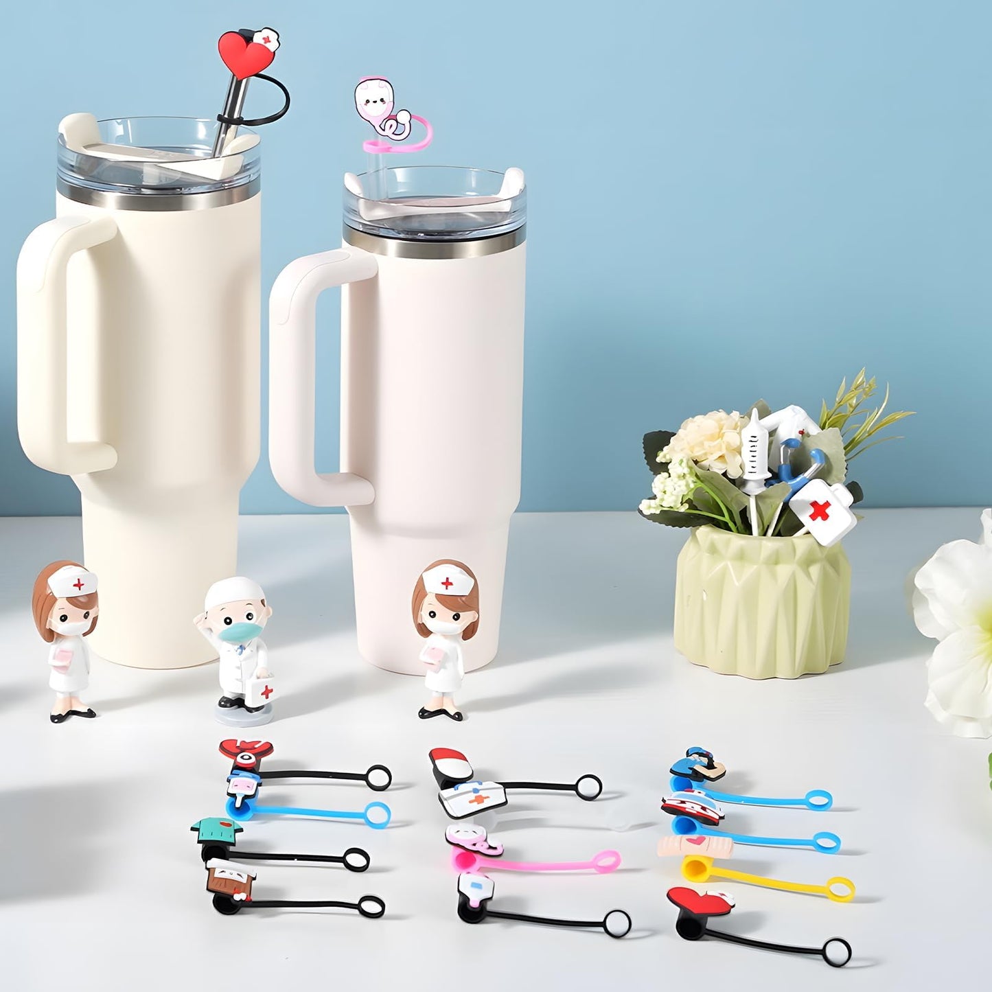 Nurse Straw Covers for Stanley Cup 30&40 Oz Tumbler, Silicone Straw Toppers Fit 10mm Reusable Straws, Nurse Week Appreciation Gifts Bulk