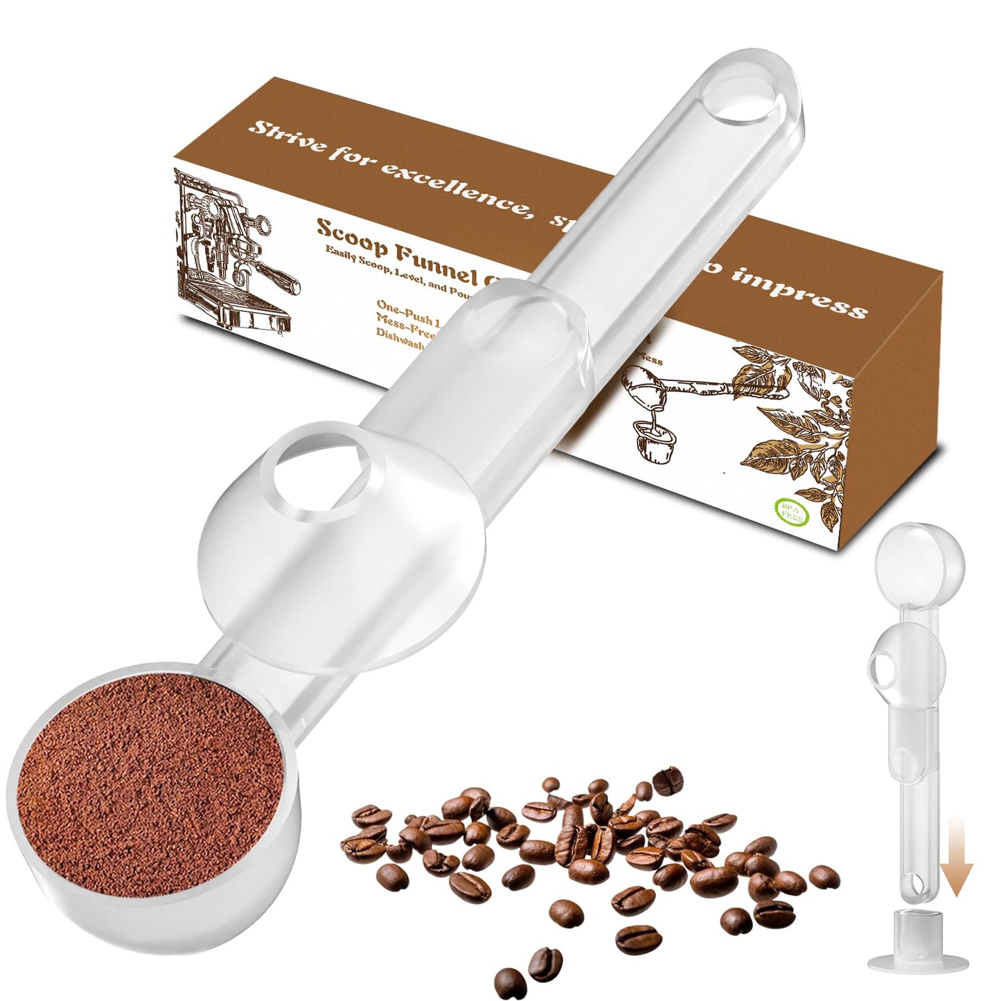 Coffee Scoop with Funnel for Ground Coffee, Protein Powder & Tea, for Reusable K Cup Refiller, 2TBSP Mess-Free, Funnel Design Prevents Spills (Black, 1-Pack)