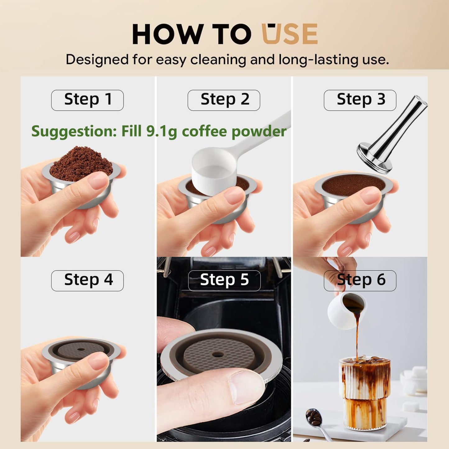 Stainless Steel Reusable Coffee Pods for Nespr*sso V-rtuo - Refillable Capsules Compatible with V-rtuoline PLUS GCA1 and NEXT POP ENV135 Series With 1 Silicone Lid and Tamper (230ML+Tamper)