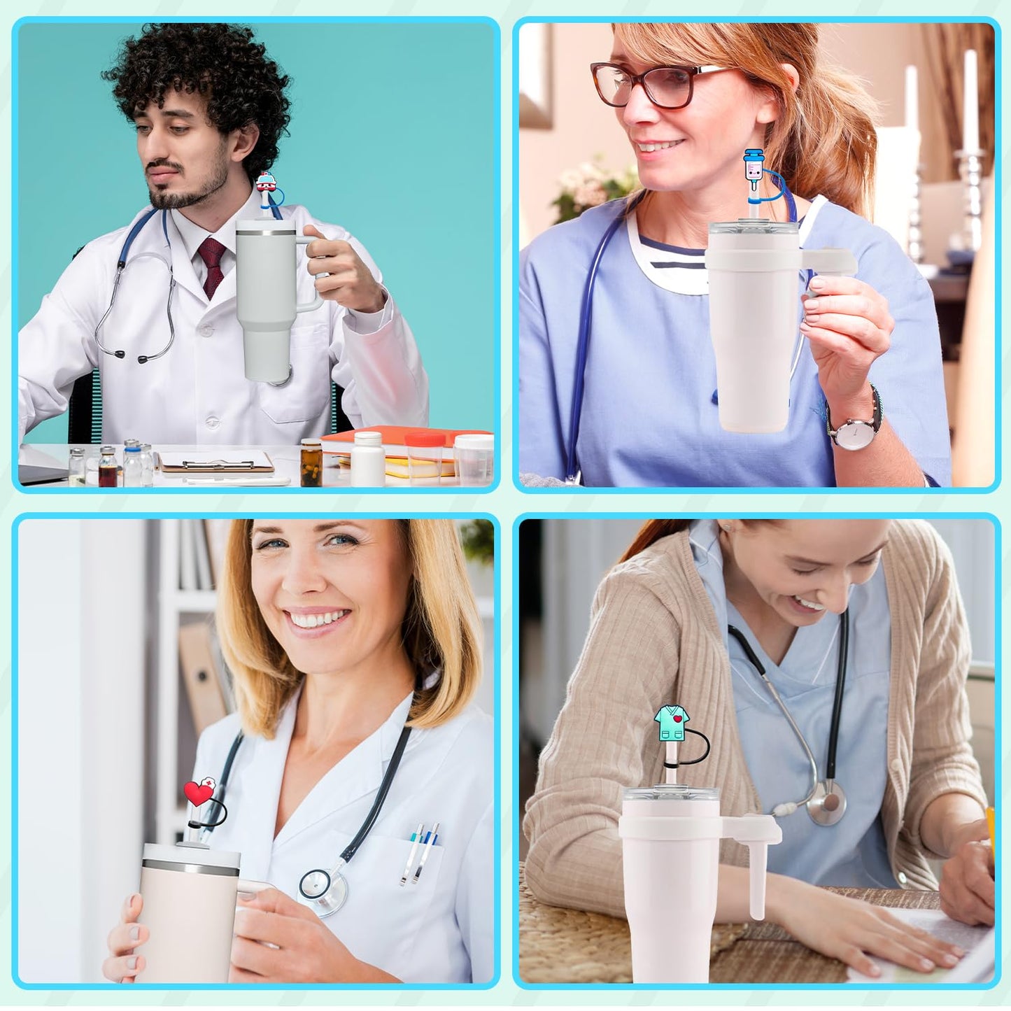Nurse Straw Covers for Stanley Cup 30&40 Oz Tumbler, Silicone Straw Toppers Fit 10mm Reusable Straws, Nurse Week Appreciation Gifts Bulk