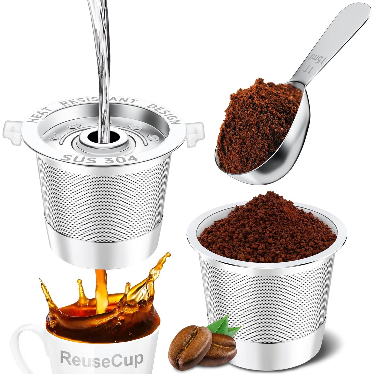 NESSUS 2 Pack Reusable K Cup for Keurig 1.0, Stainless Steel Reusable K Cups for Keurig 1 Prong Coffee Maker K Cup Reusable Coffee Pods with Heat Resistant Handles and Scoop, NO BPA