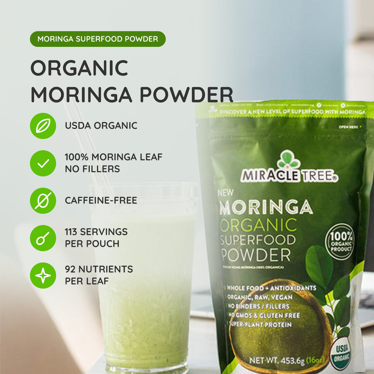 Organic Moringa Powder - 16oz Pouch (1 lb)