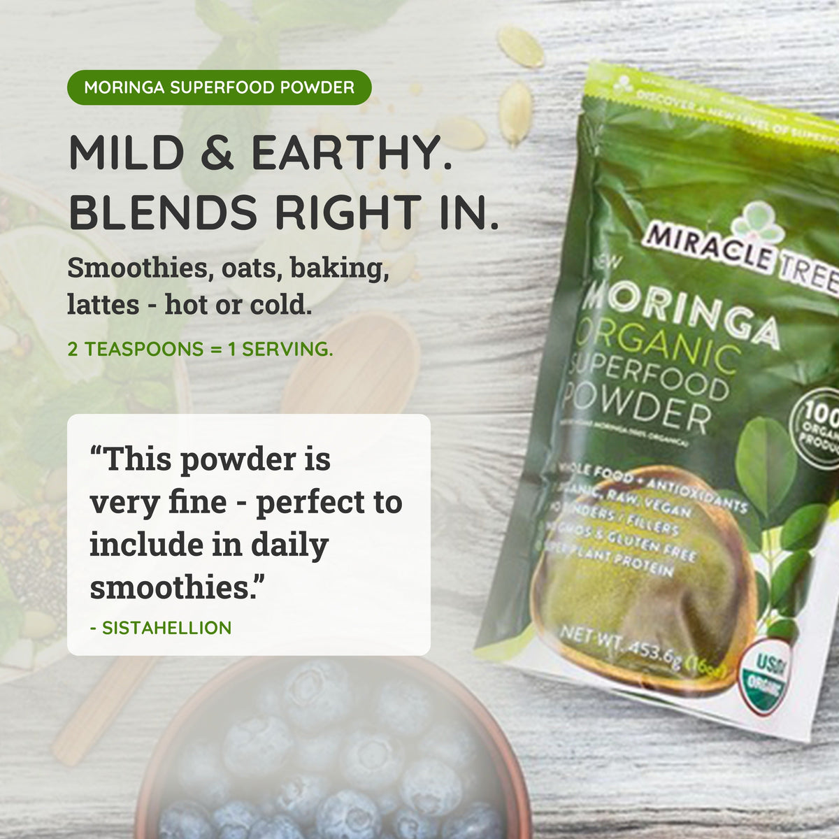 Organic Moringa Powder - 16oz Pouch (1 lb)