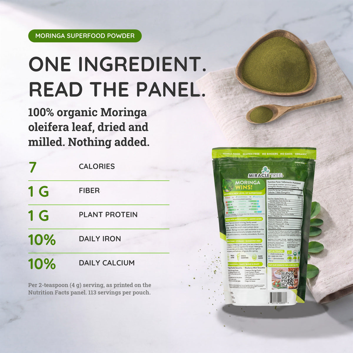 Organic Moringa Powder - 16oz Pouch (1 lb)