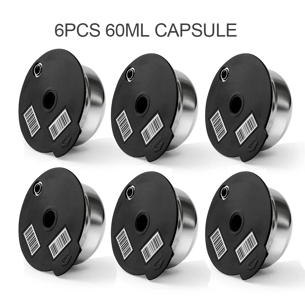 Stainless Steel Reusable Tassimo Pods with 4 Black Silicone Lid Tamper