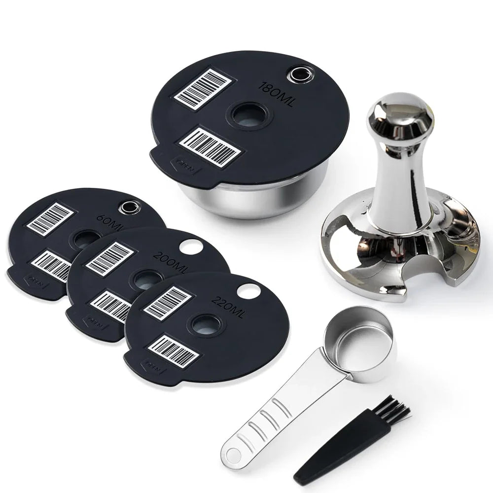 Stainless Steel Reusable Tassimo Pods with 4 Black Silicone Lid Tamper