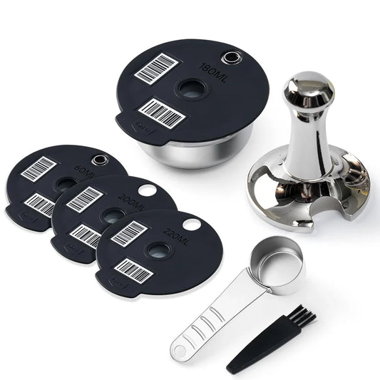 Stainless Steel Reusable Tassimo Pods with 4 Black Silicone Lid Tamper