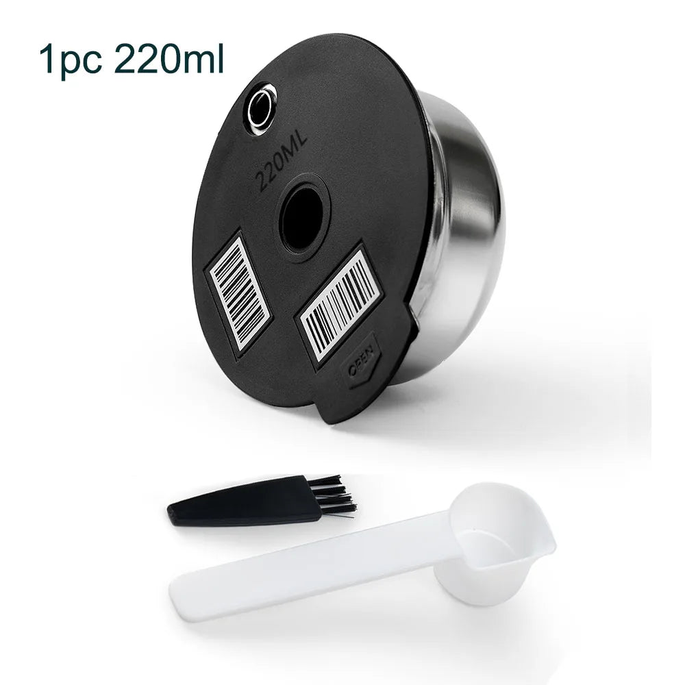 Stainless Steel Reusable Tassimo Pods with 4 Black Silicone Lid Tamper