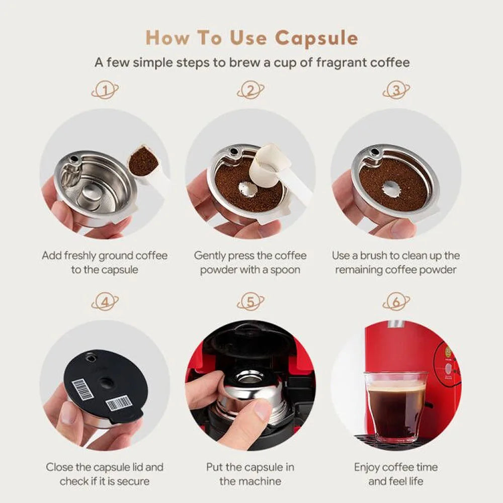 Stainless Steel Reusable Tassimo Pods with 4 Black Silicone Lid Tamper