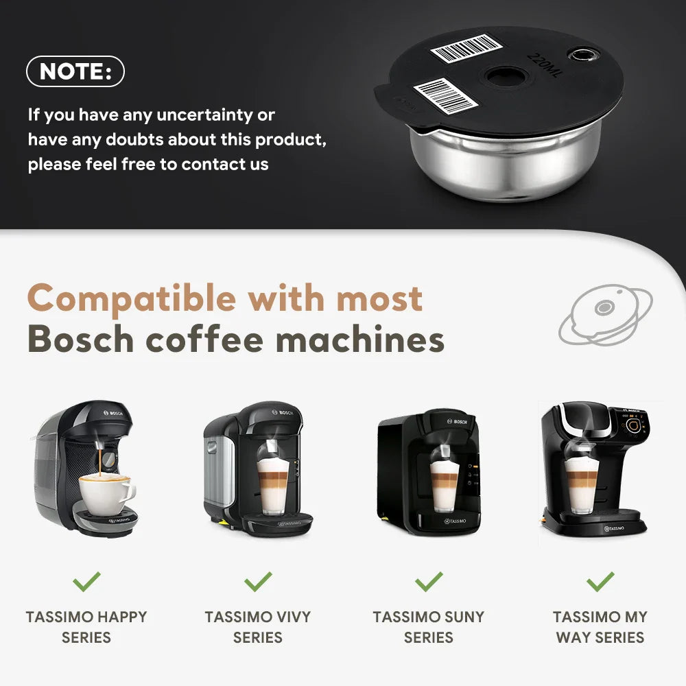 Stainless Steel Reusable Tassimo Pods with 4 Black Silicone Lid Tamper