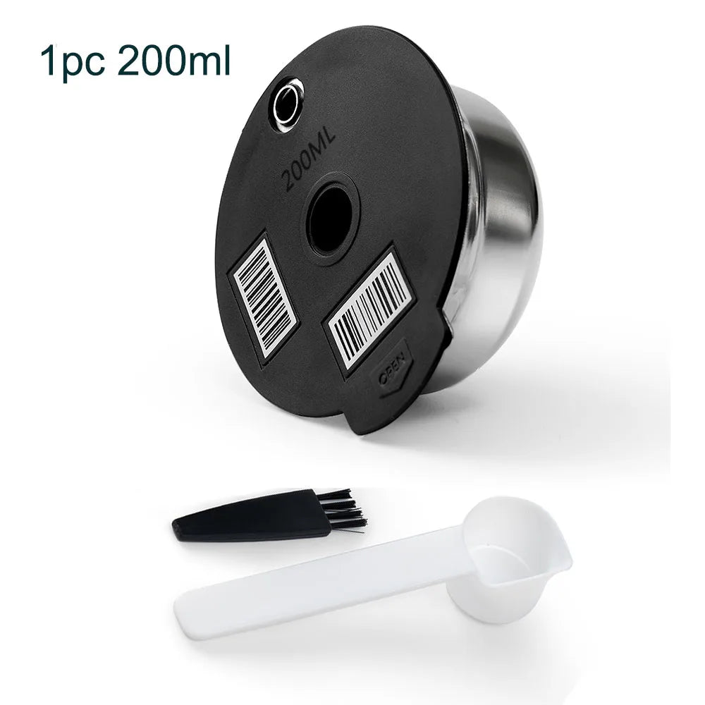 Stainless Steel Reusable Tassimo Pods with 4 Black Silicone Lid Tamper