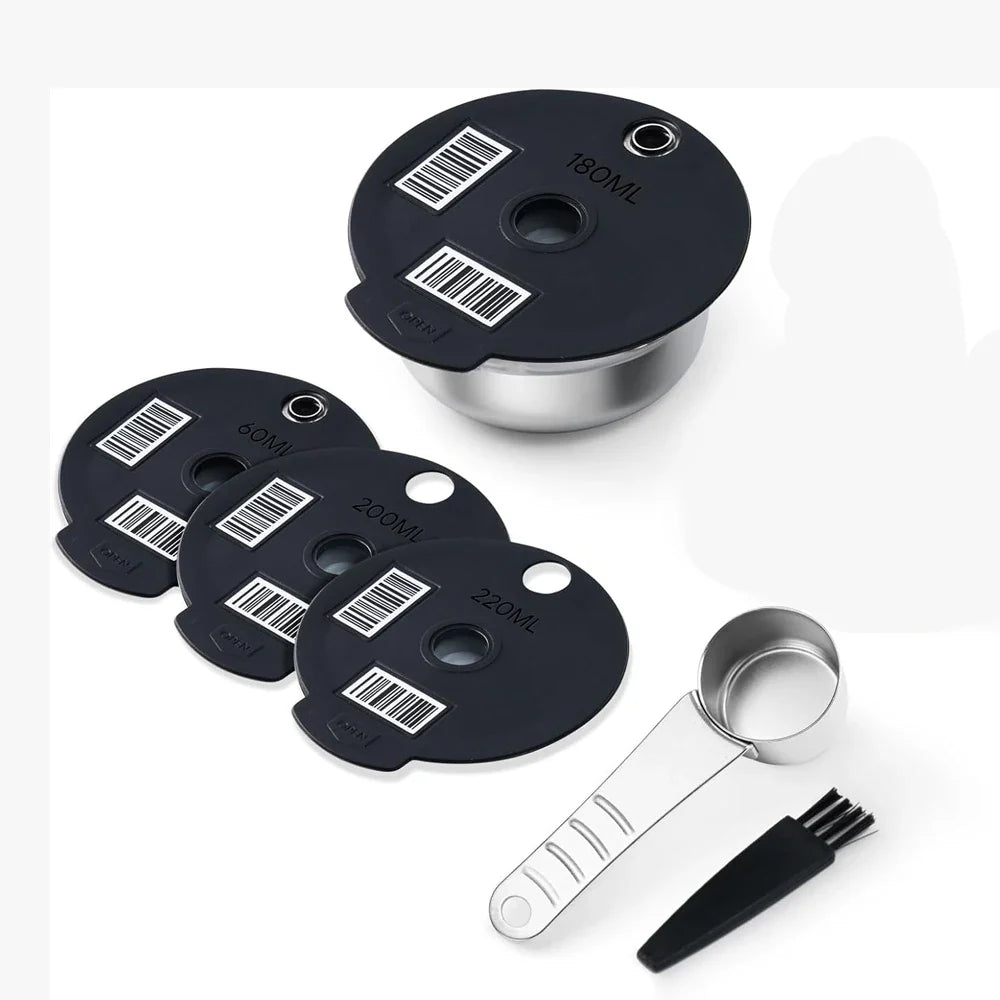 Stainless Steel Reusable Tassimo Pods with 4 Black Silicone Lid Tamper